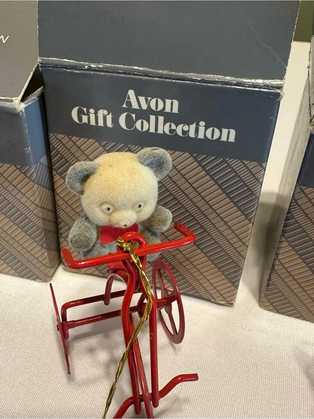Vintage Avon Gift Collection White Teddy Bear Ornaments with Red Accents